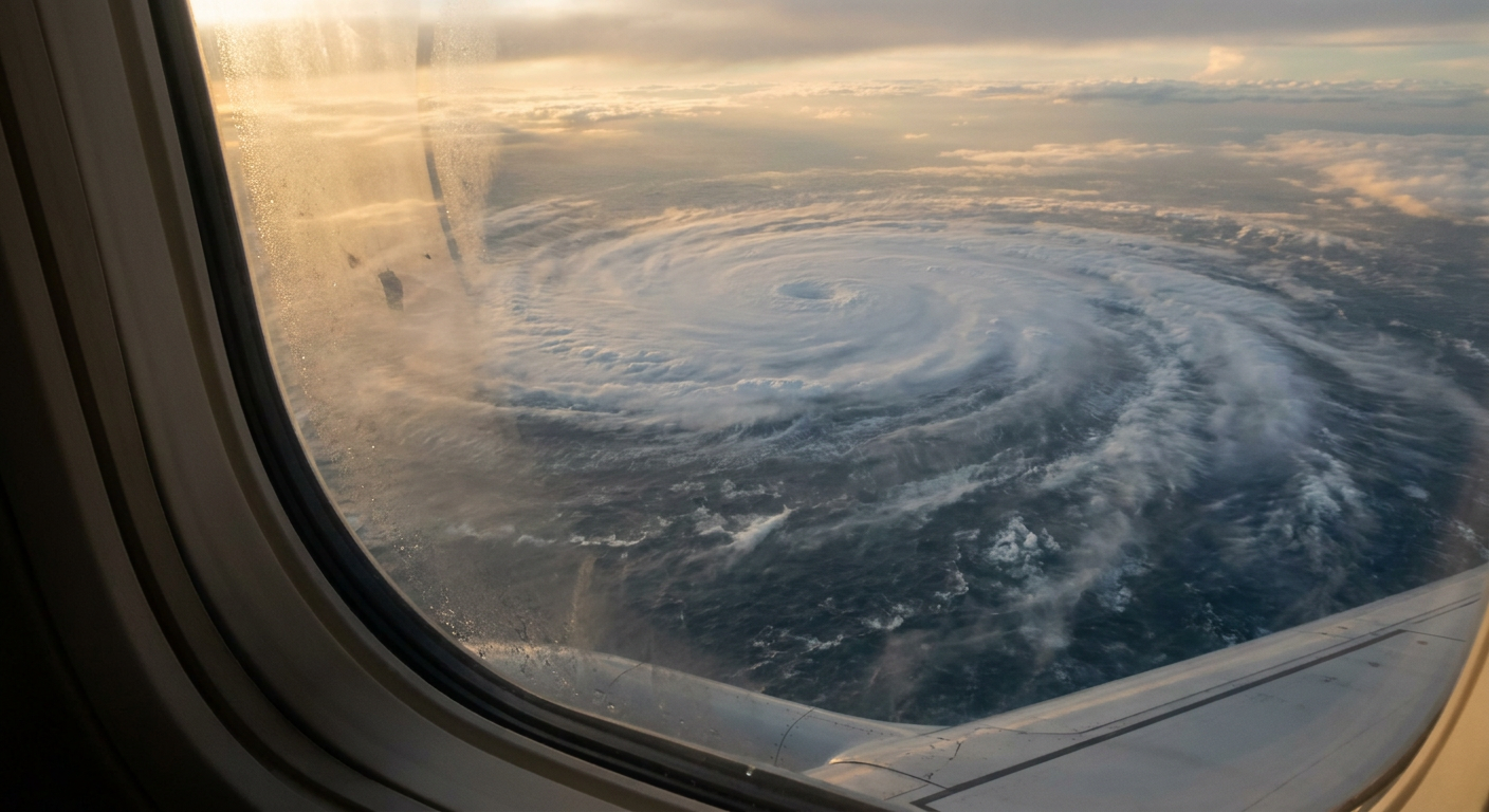 A hurricane's spiral bands seen from a commercial jet window at cruising altitude, golden late-afternoon light streaming through the outer cloud bands over open ocean, wing tip visible in the corner of frame, warm amber and cool blue-gray palette, wide cabin-window perspective