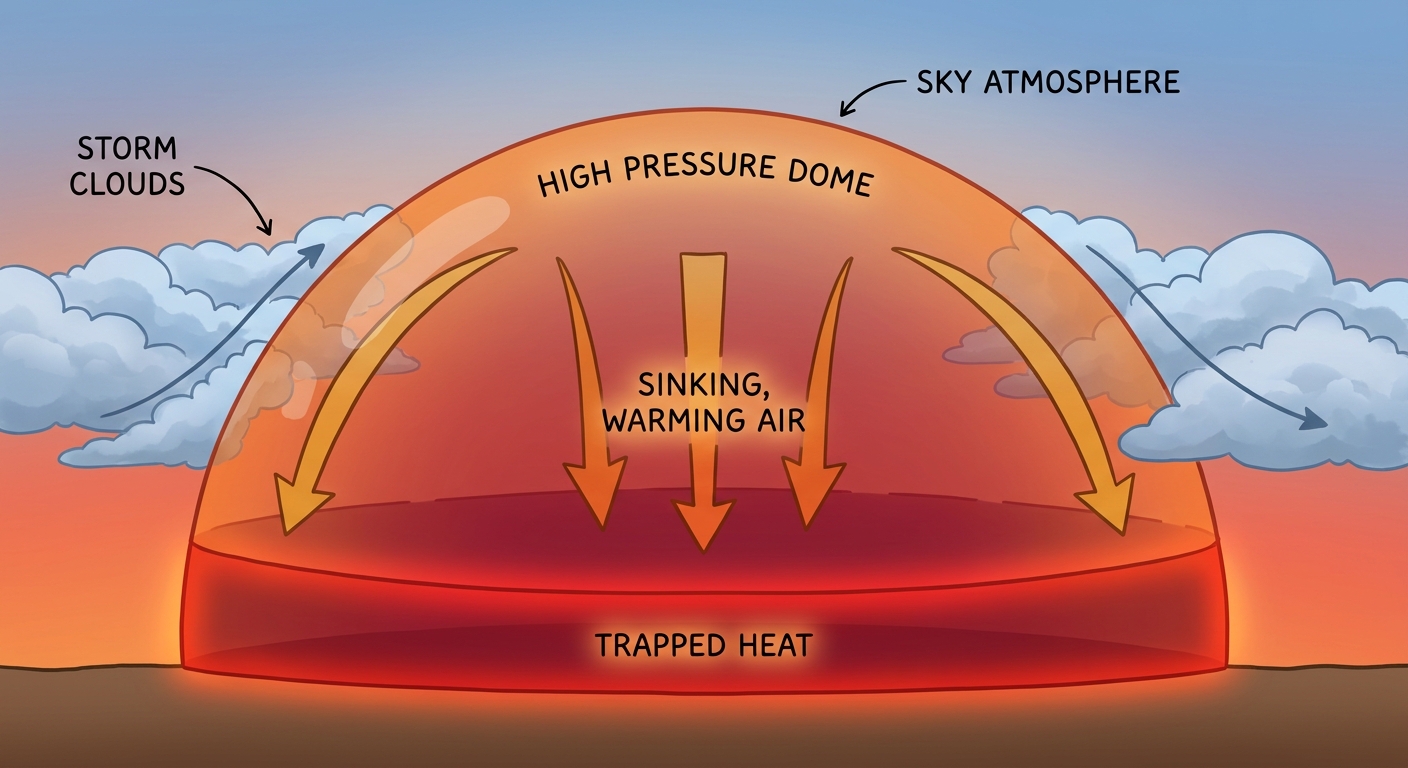 Diagram showing a heat dome as a dome of high pressure aloft with sinking, warming air underneath, arrows showing air descending and storm systems blocked around the edges, clean educational illustration with warm orange and red tones, no map or geography
