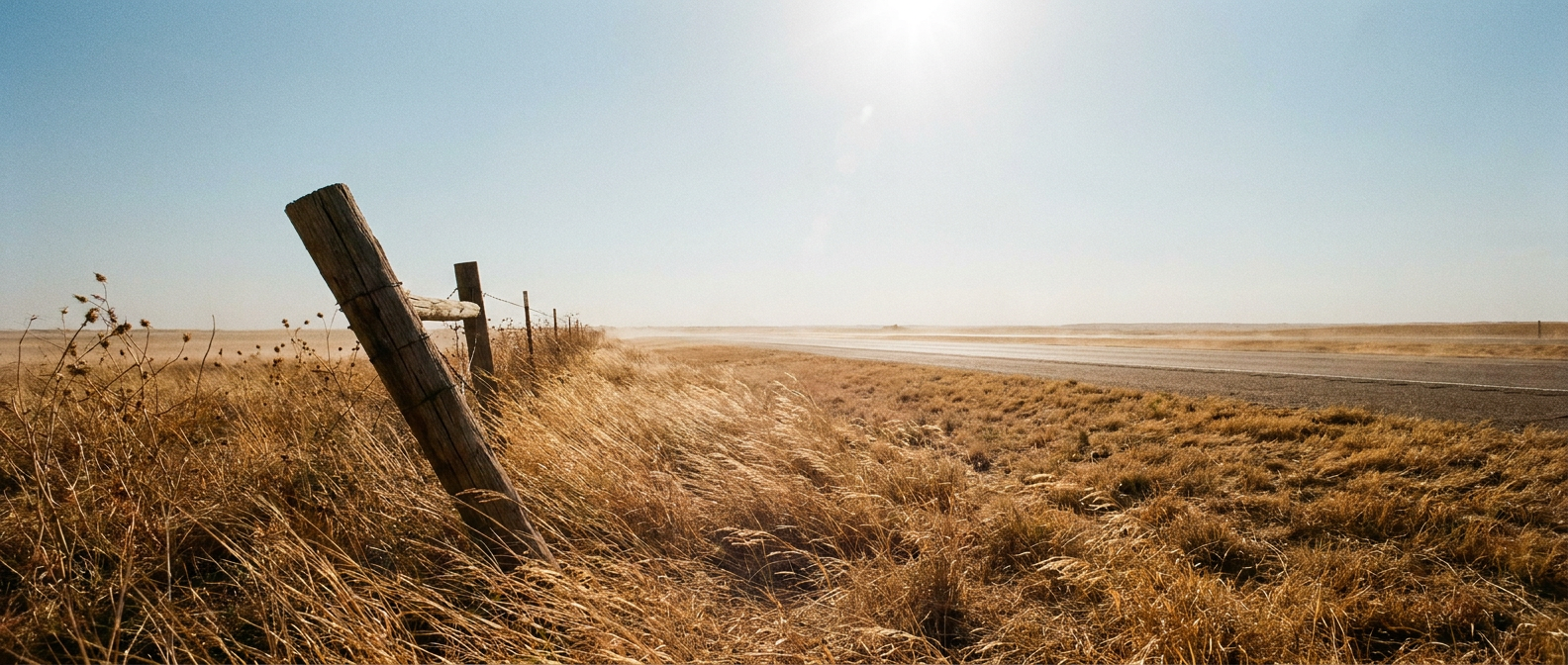 A dusty rural highway under a hazy, high sun with dry golden grass along the shoulder and a distant heat shimmer, illustrating the low-humidity, high-wind fire weather pattern over the southern Plains