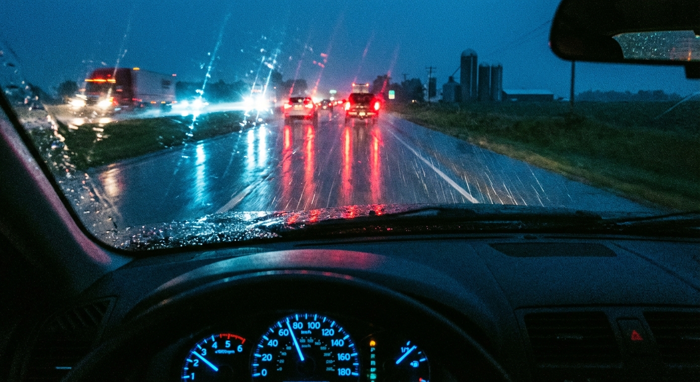 Headlights reflecting on a rain-soaked midwestern highway at night