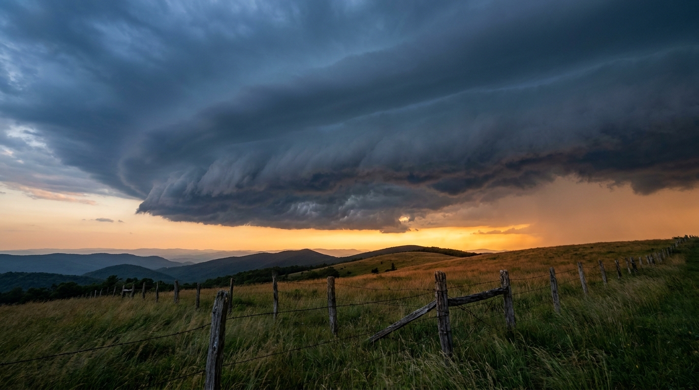 A shelf cloud advances over rolling Appalachian foothills at dusk, warm amber light fading behind dark storm shading, a weathered wooden fence line in the foreground, wide low-angle shot