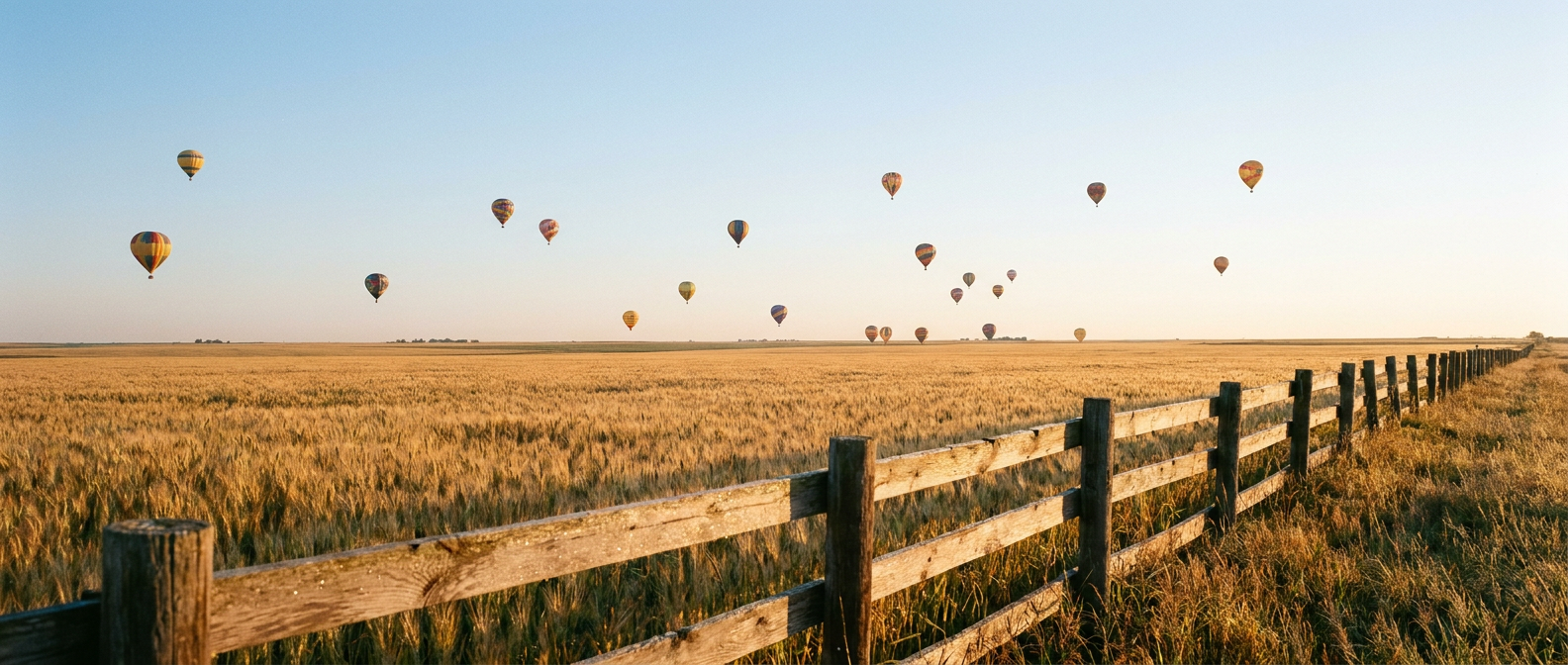 Hot air balloons rise into a calm, golden dawn over a quiet Southern Plains wheat field, wide shot, warm amber light, dew on the fence line in the foreground