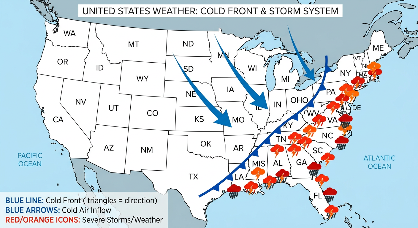 Diagram showing the cold front sweeping east with thunderstorms ahead and cold air behind