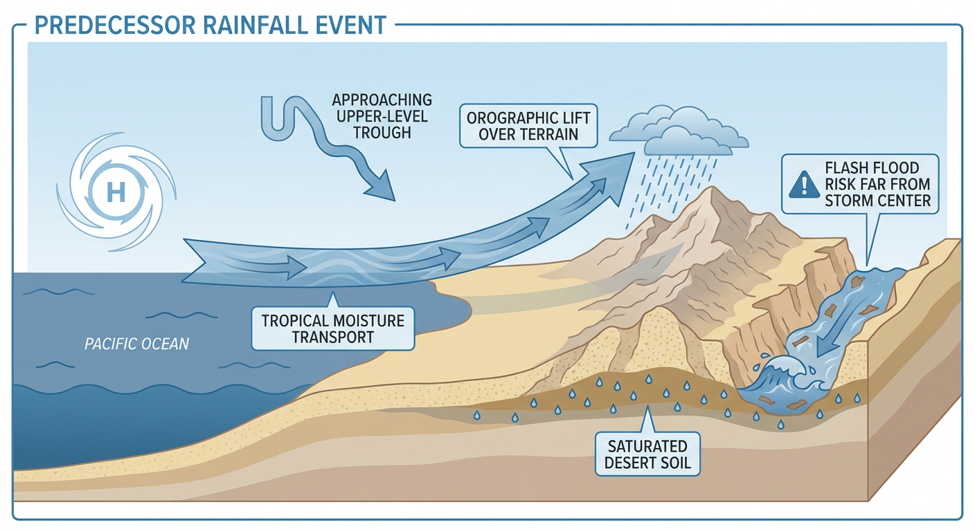A cross-section diagram showing a hurricane far off a coastline with an arrow-shaped moisture plume extending hundreds of miles inland ahead of it toward mountains and canyons, labeled ingredients: tropical moisture transport, approaching upper-level trough, orographic lift, saturated desert soil, resulting in flash flood risk far from the storm center. Clean educational infographic style, muted blue and tan color palette, no text overlays besides simple labels.