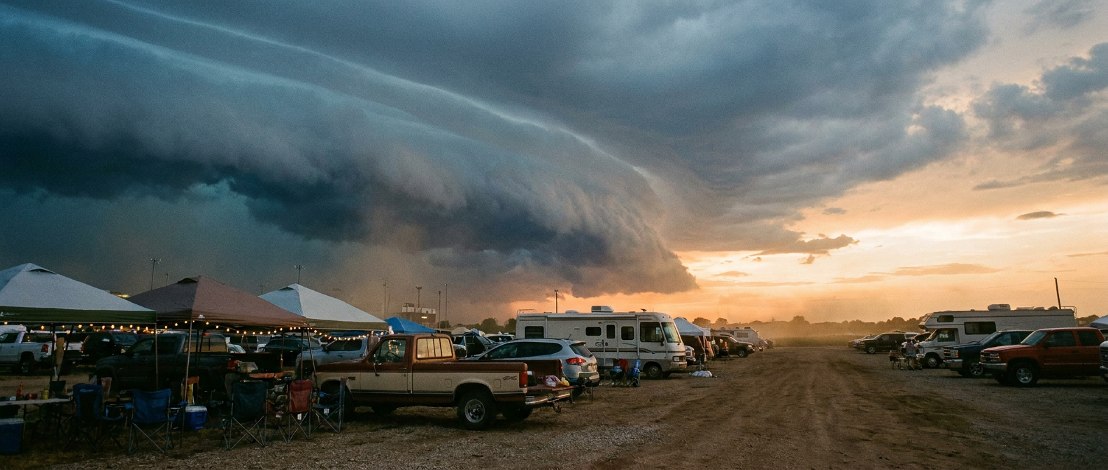 Shelf cloud advancing over a college football stadium's tailgate lot at early evening, string lights and tents in the foreground, cool blue-gray storm shadow contrasting with warm amber sunset light on the horizon, wide low-angle shot