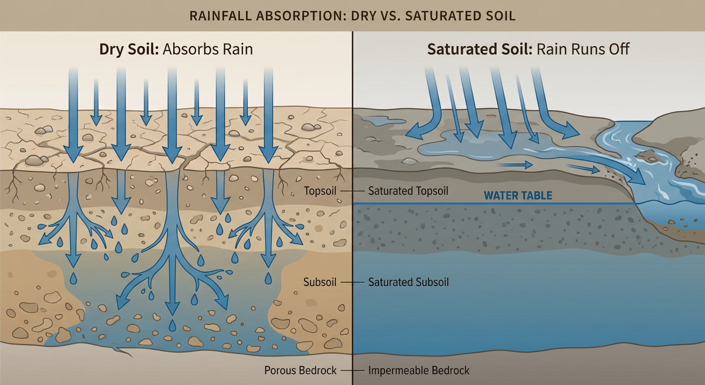Ground-level cross-section diagram comparing dry absorbent soil versus saturated soil, showing rainfall soaking into dry soil on one side and running off the surface into a flooded creek on the other side
