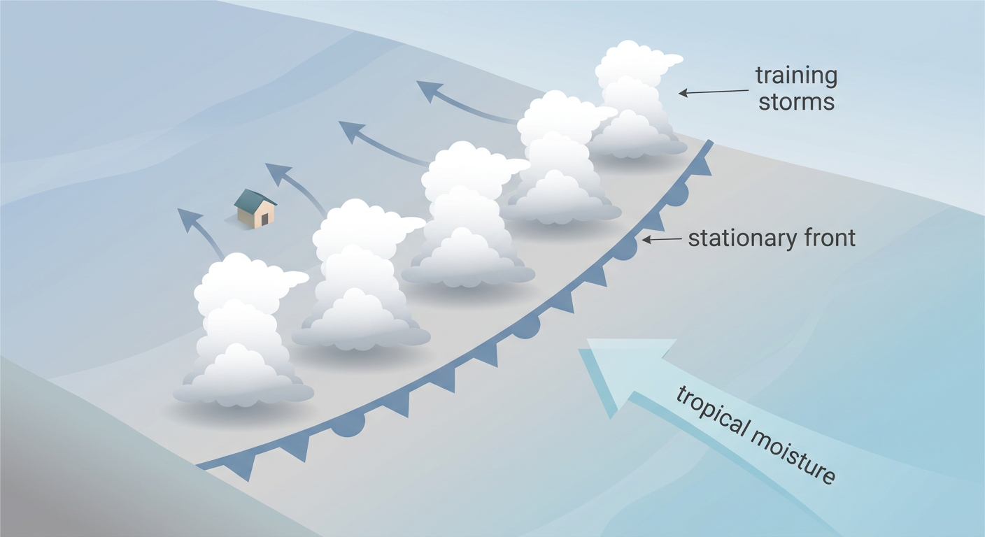 Cross-section diagram showing a stationary front with tropical moisture feeding repeated thunderstorm cells over the same location, labeled with precipitable water and training convection