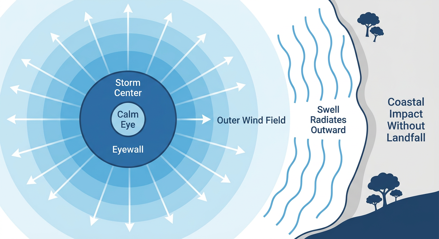 Schematic diagram illustrating how a tropical storm's outer wind field and swell can affect land even when the storm center stays offshore