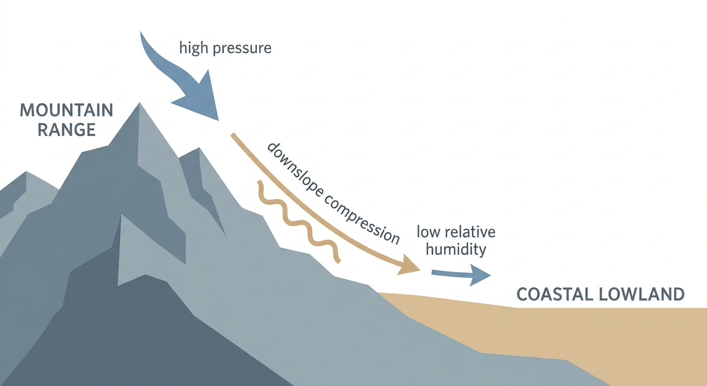 A simple atmospheric cross-section diagram showing dry air descending a mountain slope and warming as it flows downhill toward a coastal lowland, labeled with generic terms like high pressure, downslope flow, and low relative humidity