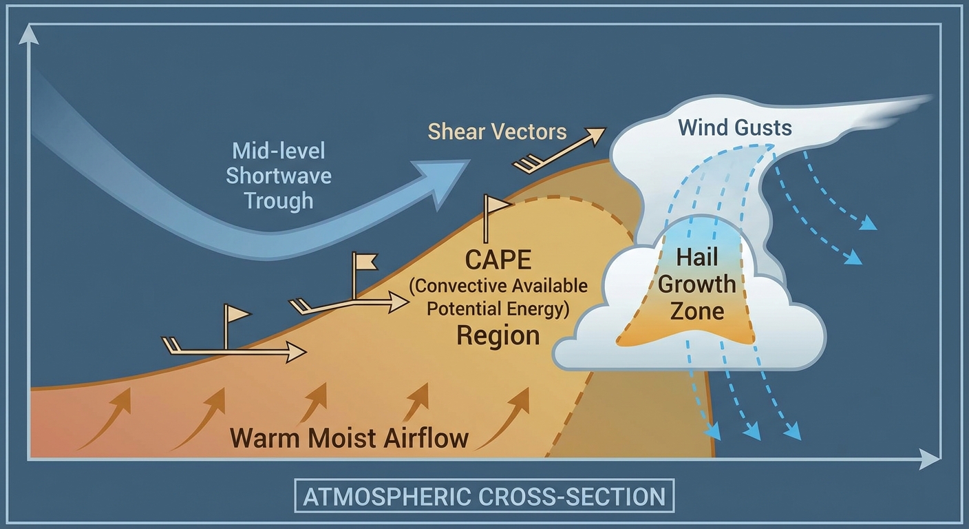 Diagram showing how a mid-level shortwave trough interacts with warm humid air at the surface to trigger severe thunderstorms, with annotations for instability, shear, and storm mode