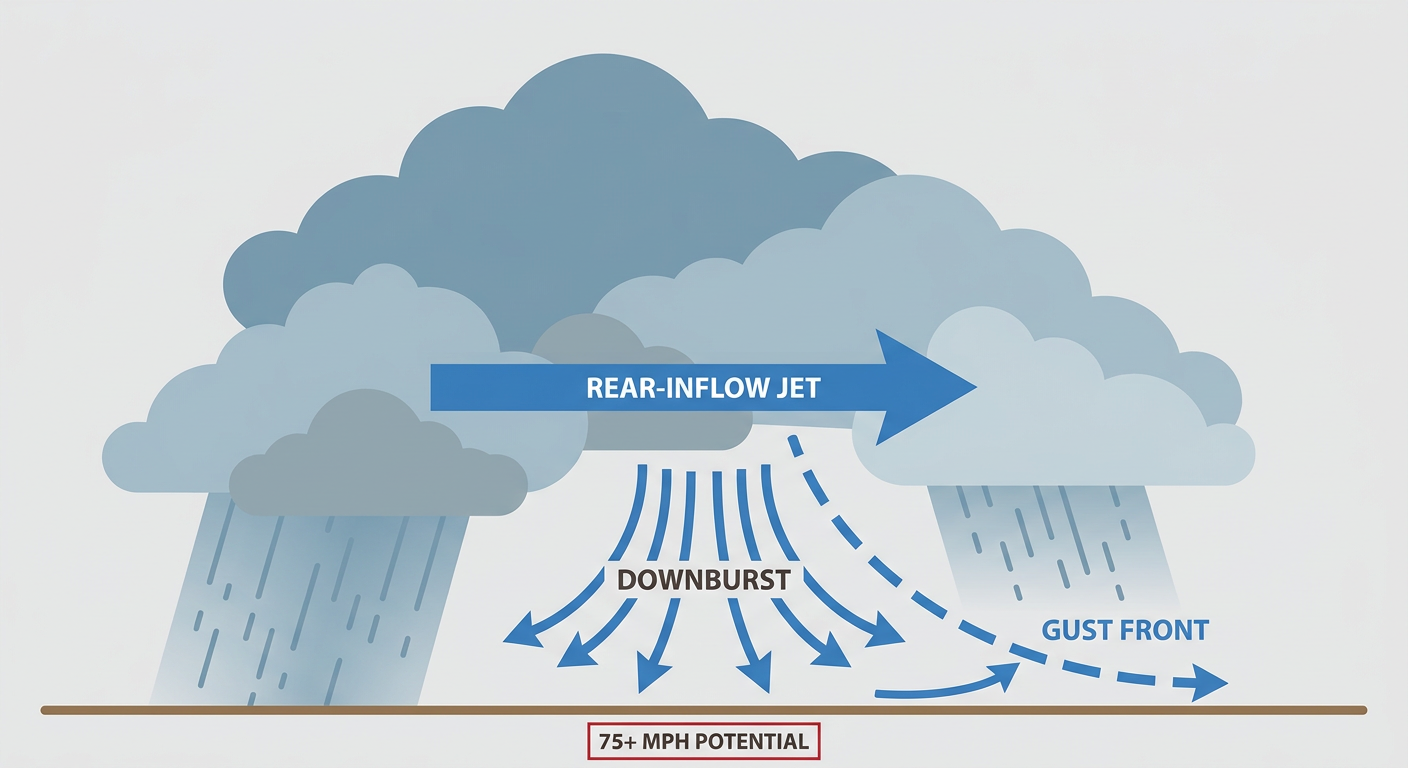 Cross-section diagram showing a bowing thunderstorm line with labeled rear-inflow jet, downburst winds fanning outward at the surface, and a leading gust front, set against a plain background with arrows and simple text labels explaining how a line of storms produces widespread wind damage