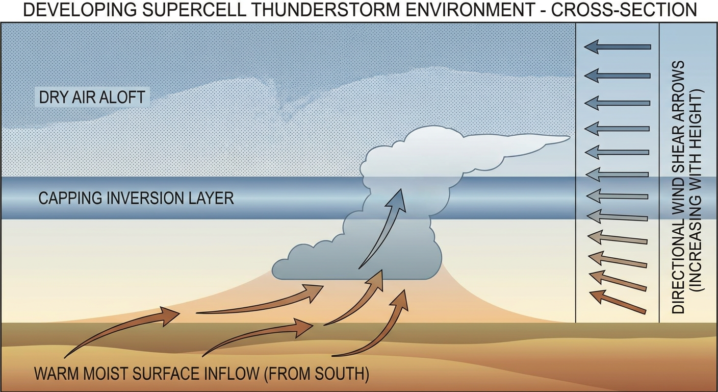 A labeled diagram showing the ingredients that come together for a supercell thunderstorm: moist inflow, a capping layer, dry air aloft, and increasing wind shear with height