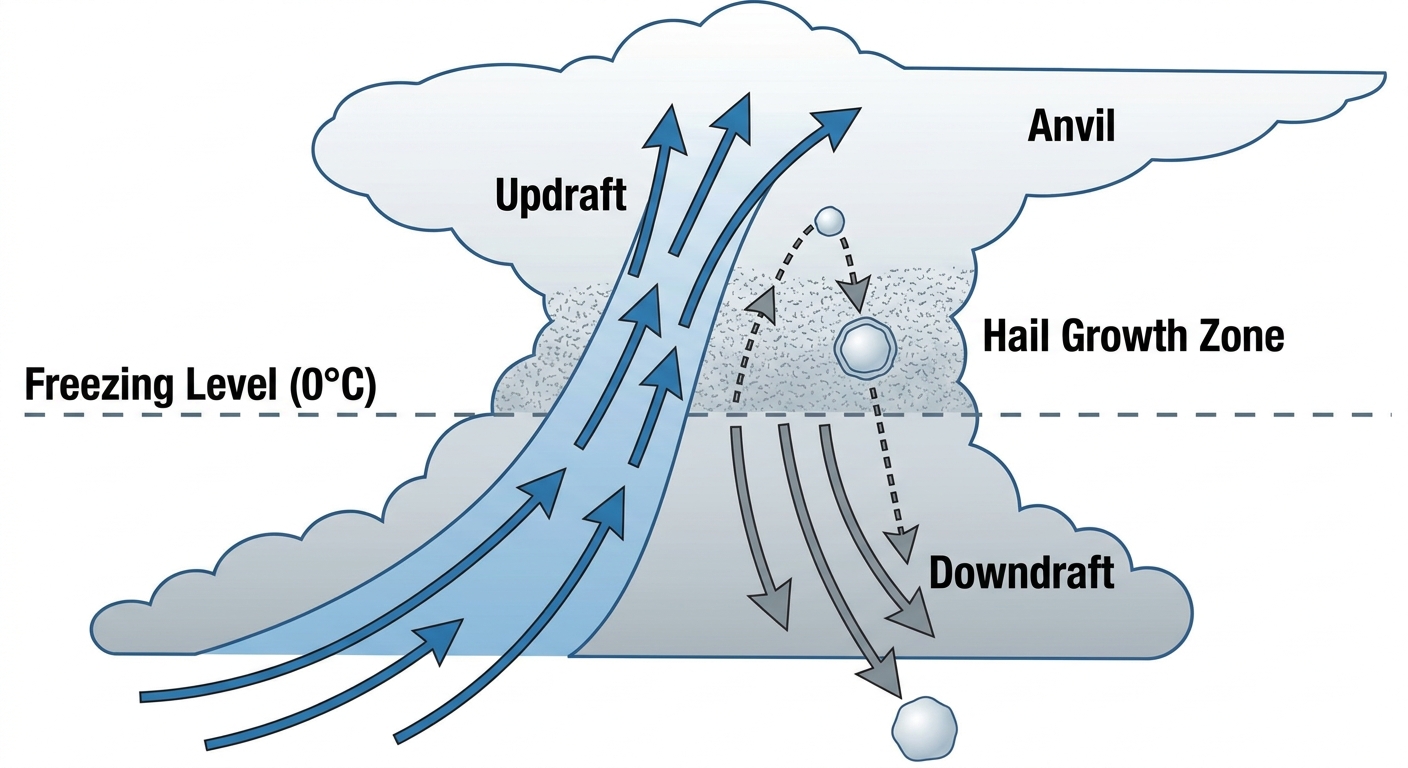 Cross-section diagram showing how a supercell produces large hail, with labeled updraft, hail growth zone, and the path a hailstone takes bouncing up and down in the storm before falling