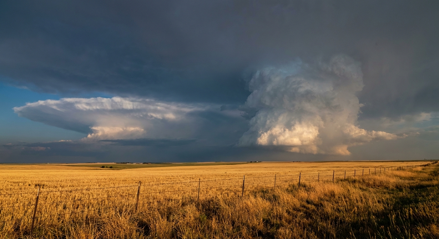 Towering supercell updraft over open High Plains farmland at golden hour, dramatic anvil cloud spreading overhead