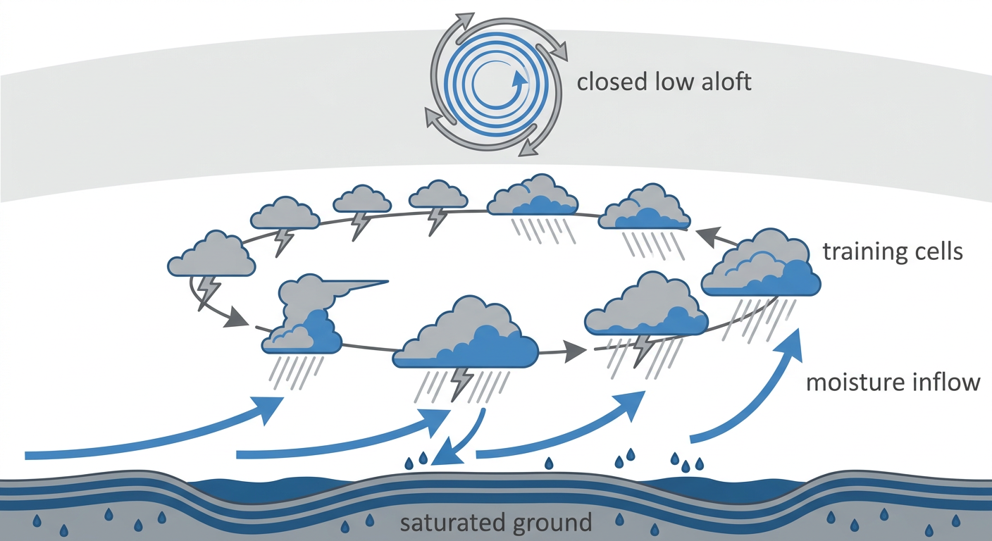 Cross-section diagram showing how a slow-moving closed upper low produces training thunderstorms, with labeled arrows for moisture inflow, repeated cell development over the same area, and rainfall accumulation on saturated ground below