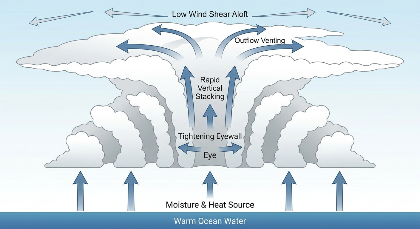 Cross-section diagram showing how warm ocean water and low wind shear fuel rapid intensification in a tropical cyclone, labeled with rising air, outflow, and a tightening eyewall