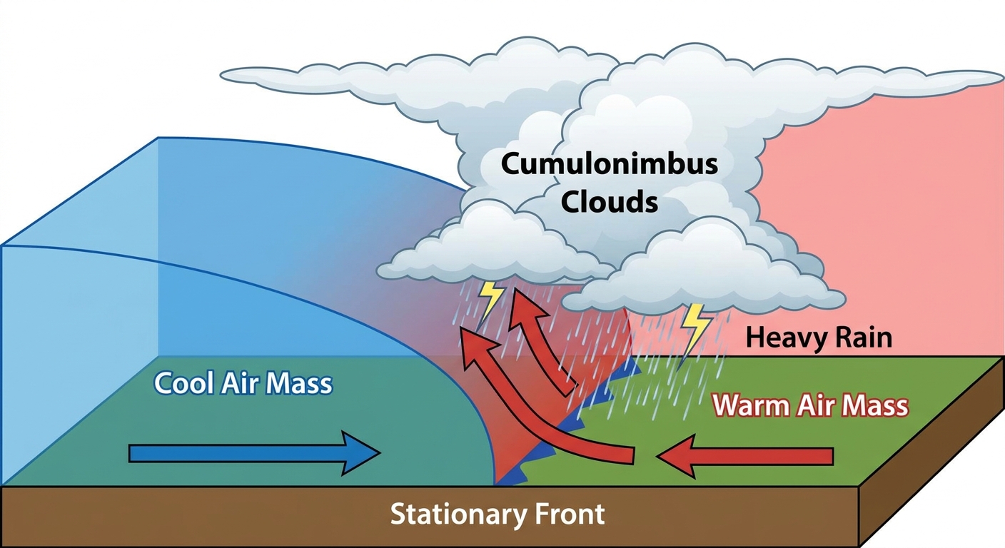 Diagram showing a stationary front lifting moist air to create training thunderstorms
