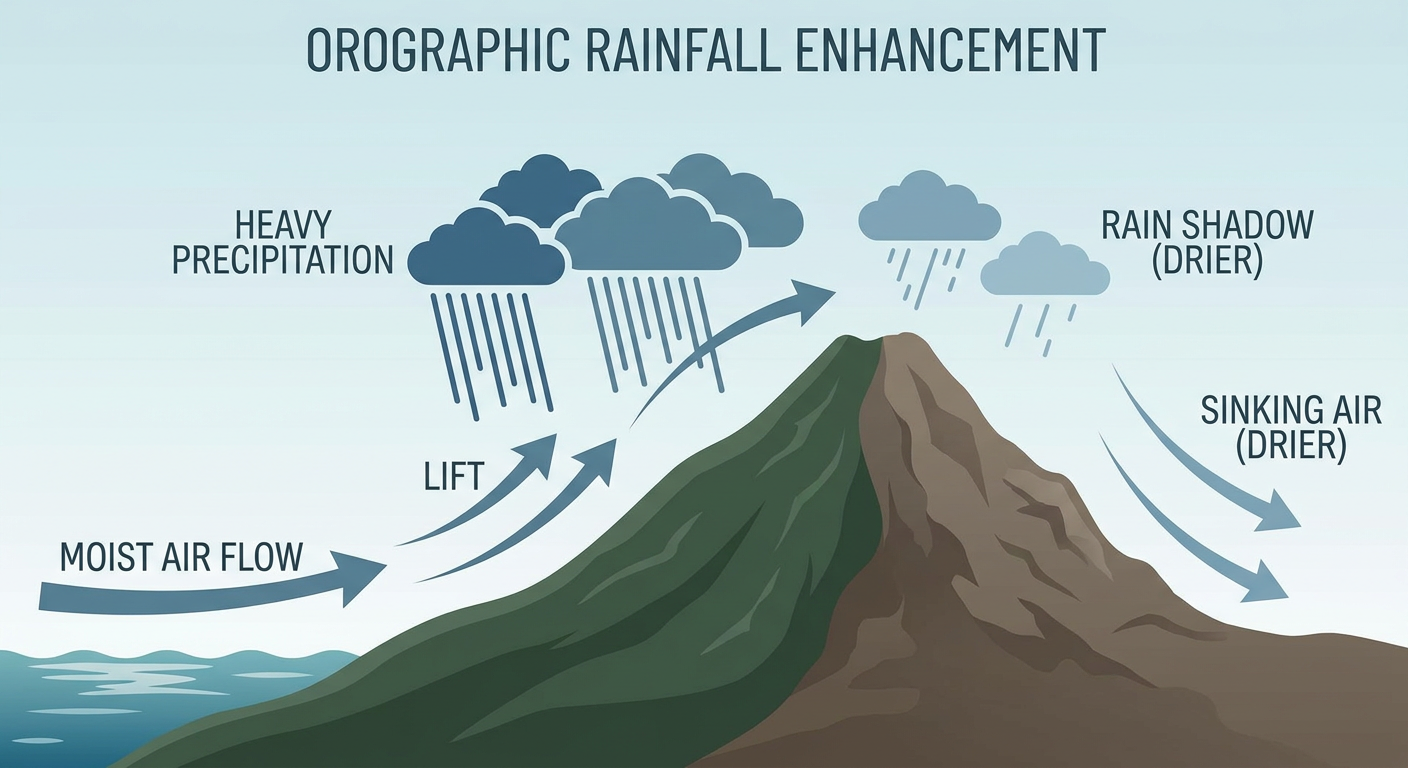 A cross-section diagram showing moist tropical air rising up a volcanic island slope, with heavier rainfall bands concentrated on the windward mountainside compared to the leeward side, labeled with arrows for wind direction and orographic lift