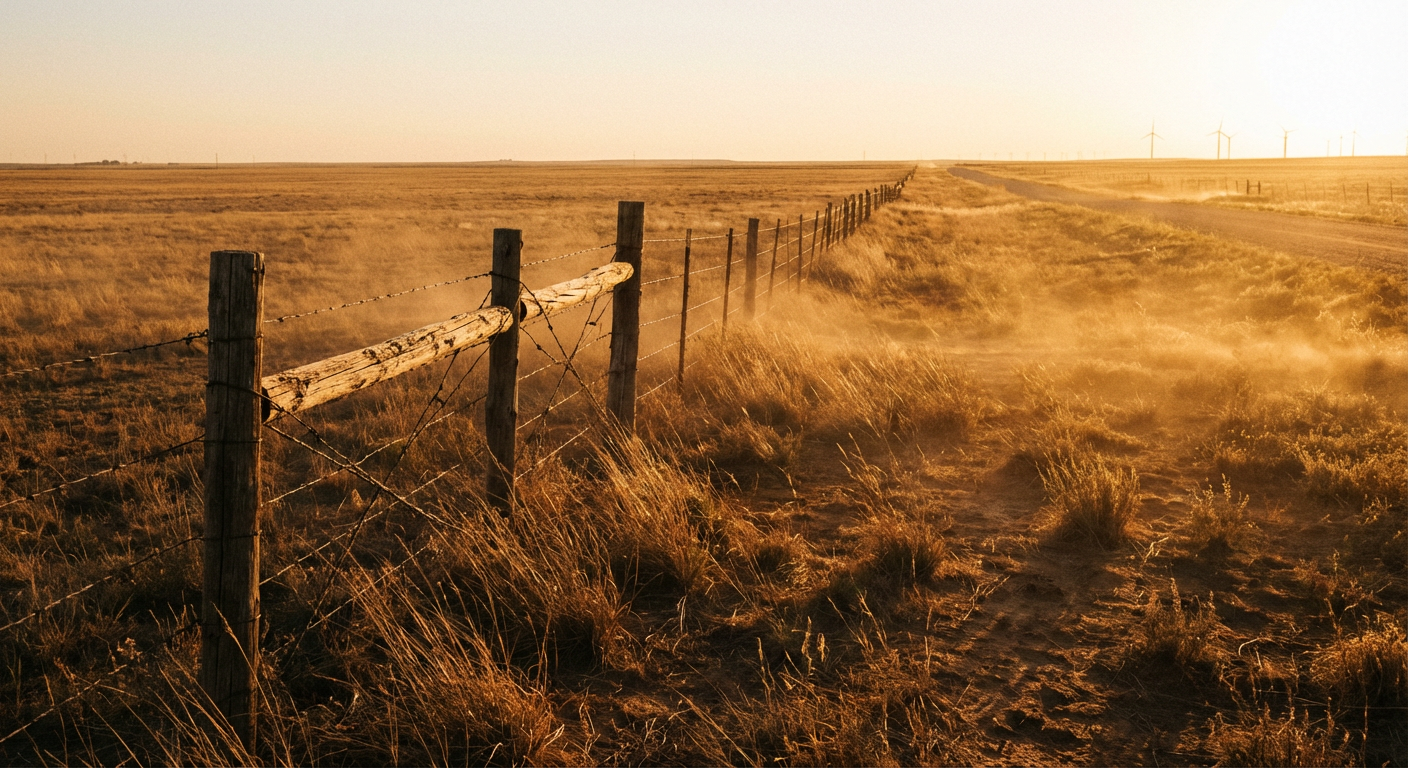 Dry, windy plains with a rustic wooden fence in the foreground