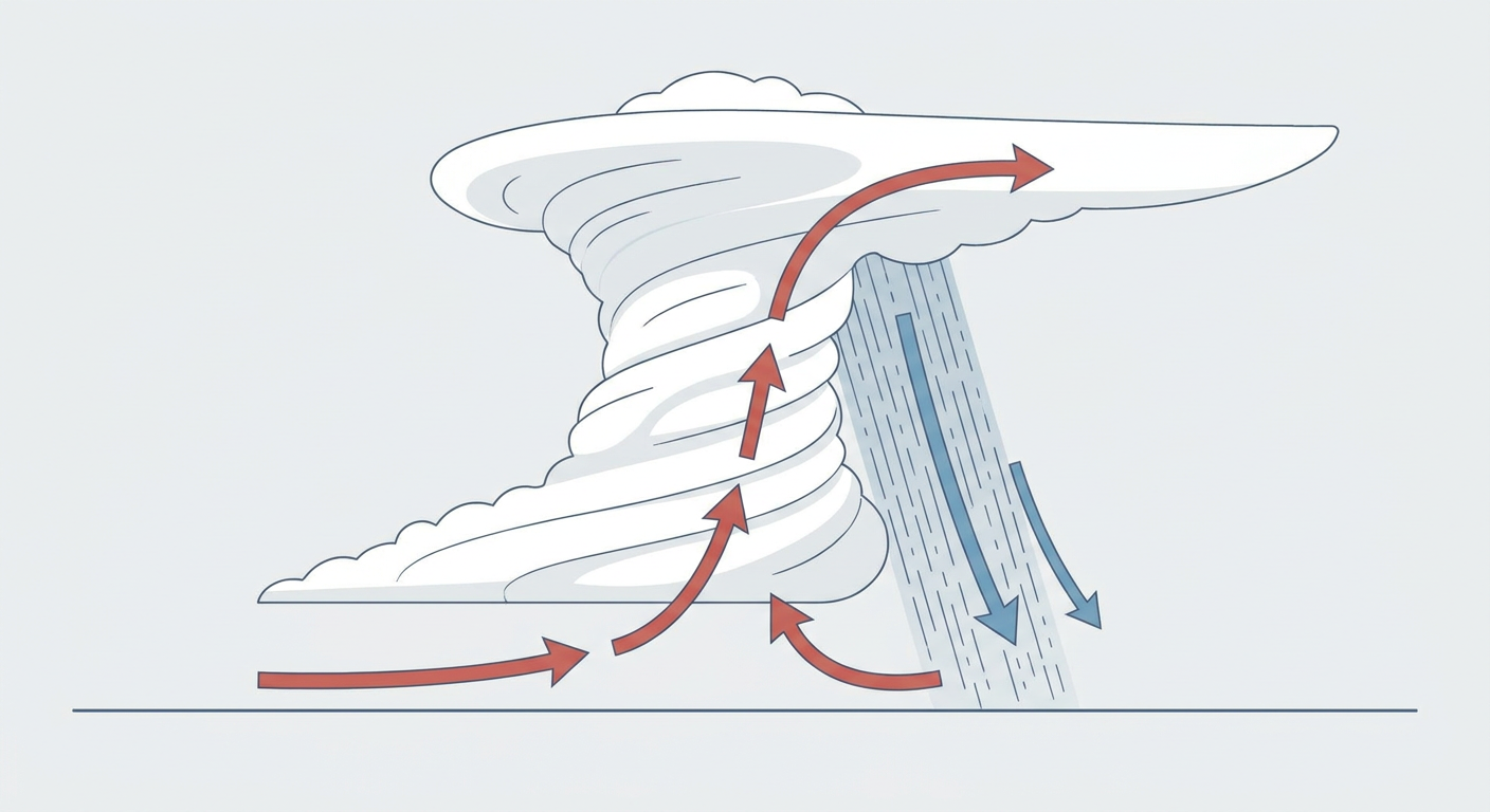 Diagram showing supercell thunderstorm structure