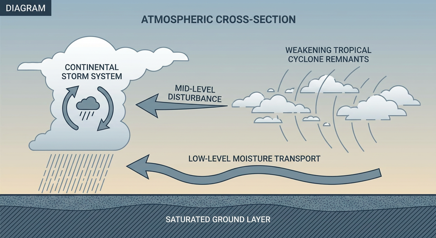 A cutaway diagram showing moisture streaming north from a weakening tropical system into a continental airmass, with labeled arrows for low-level moisture transport, a mid-level shortwave, and a saturated soil layer at the surface