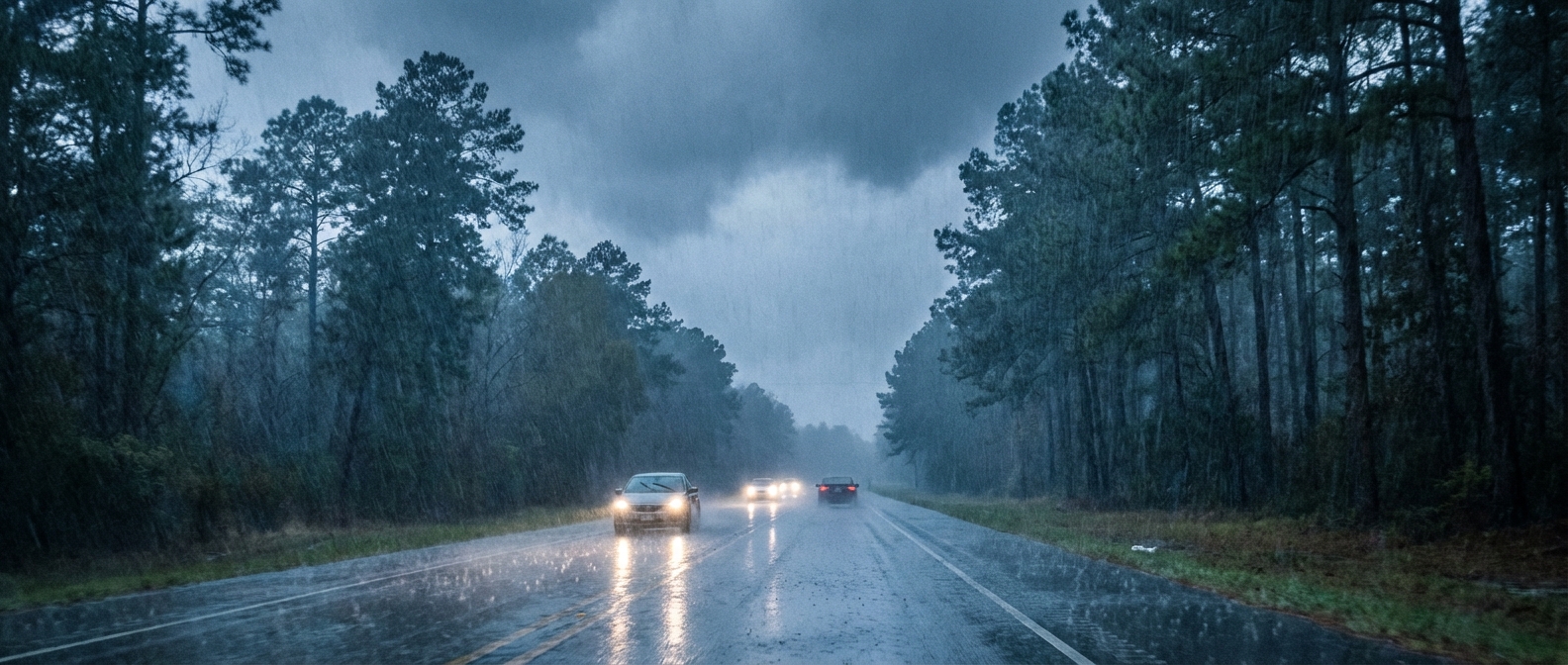 Heavy rain falling on a rural Texas highway