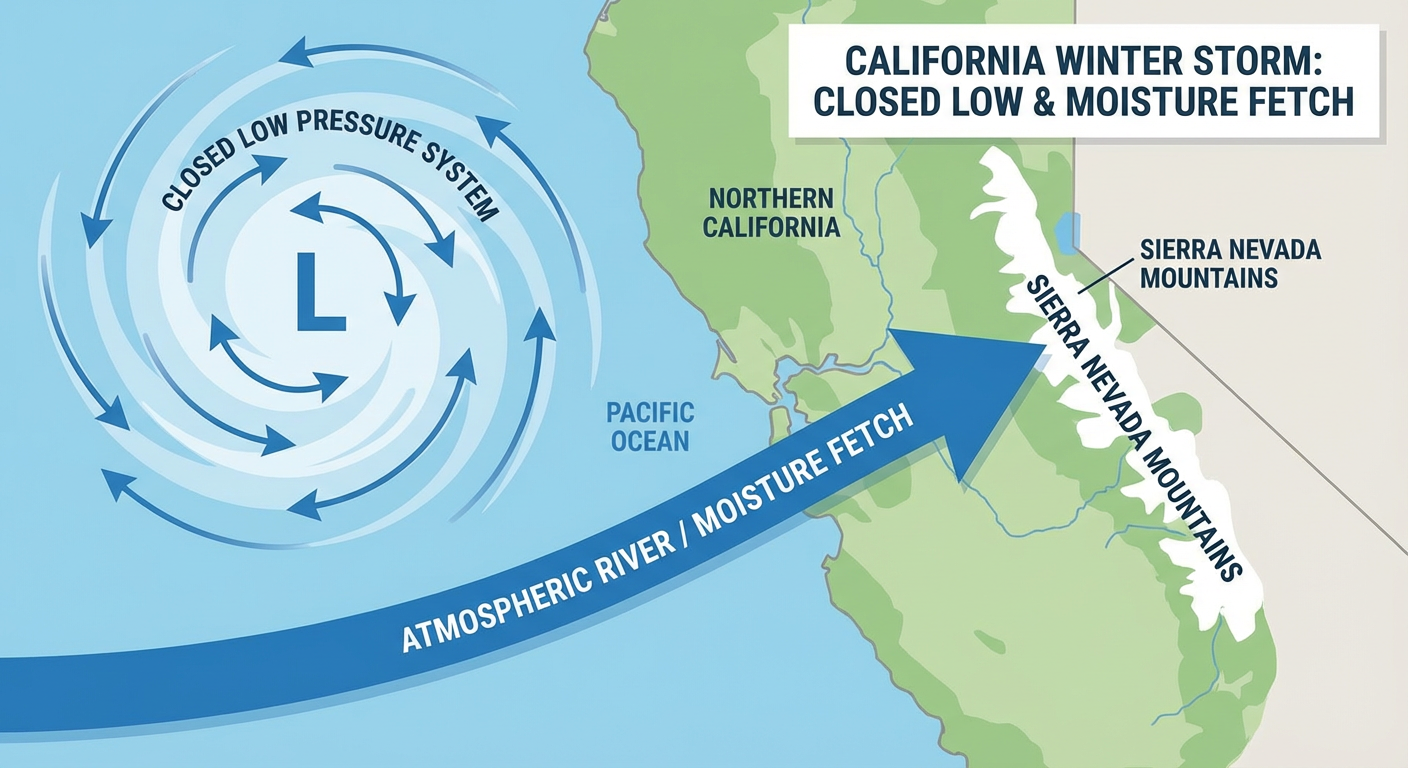 Diagram showing a low pressure system off the California coast with a moisture plume directed at the Sierra Nevada mountains