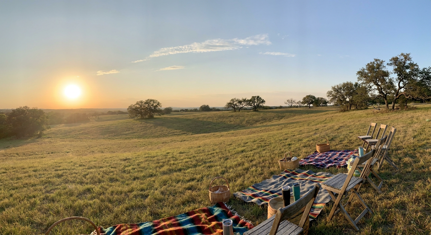 Golden hour light over Texas Hill Country grassland with lawn chairs and blankets set up on a sloped amphitheater lawn