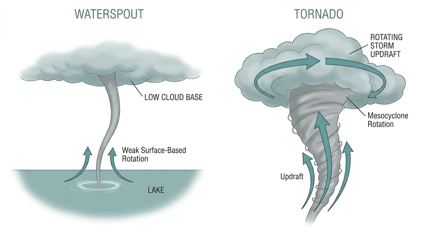 Annotated side-by-side comparison diagram of a waterspout versus a mesocyclone-driven tornado, showing the narrow rope-like waterspout condensation funnel over a lake on the left with upward-curving surface spray, and a wider parent-storm rotation column on the right, clean explainer style with labeled arrows for updraft and rotation, soft neutral background, no map