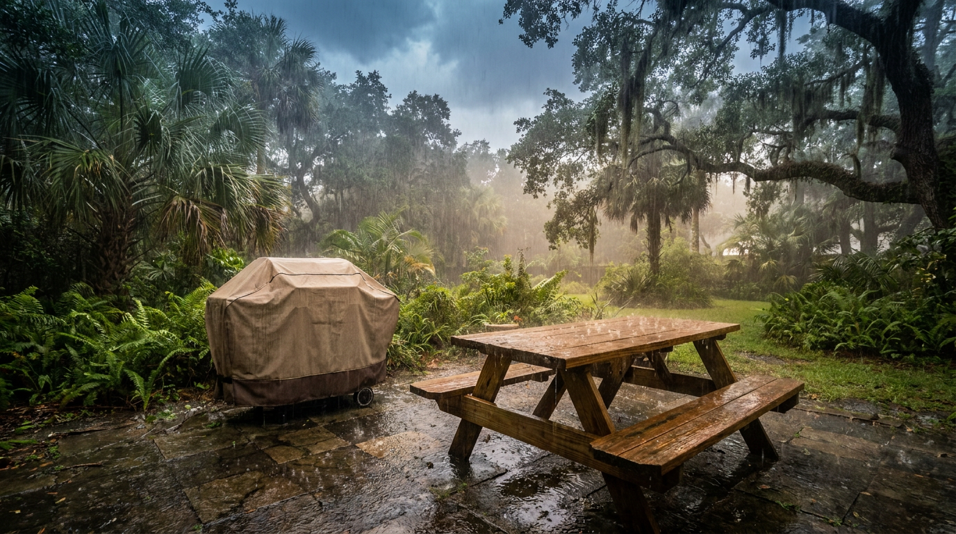 Rain-soaked patio furniture in a Southern backyard