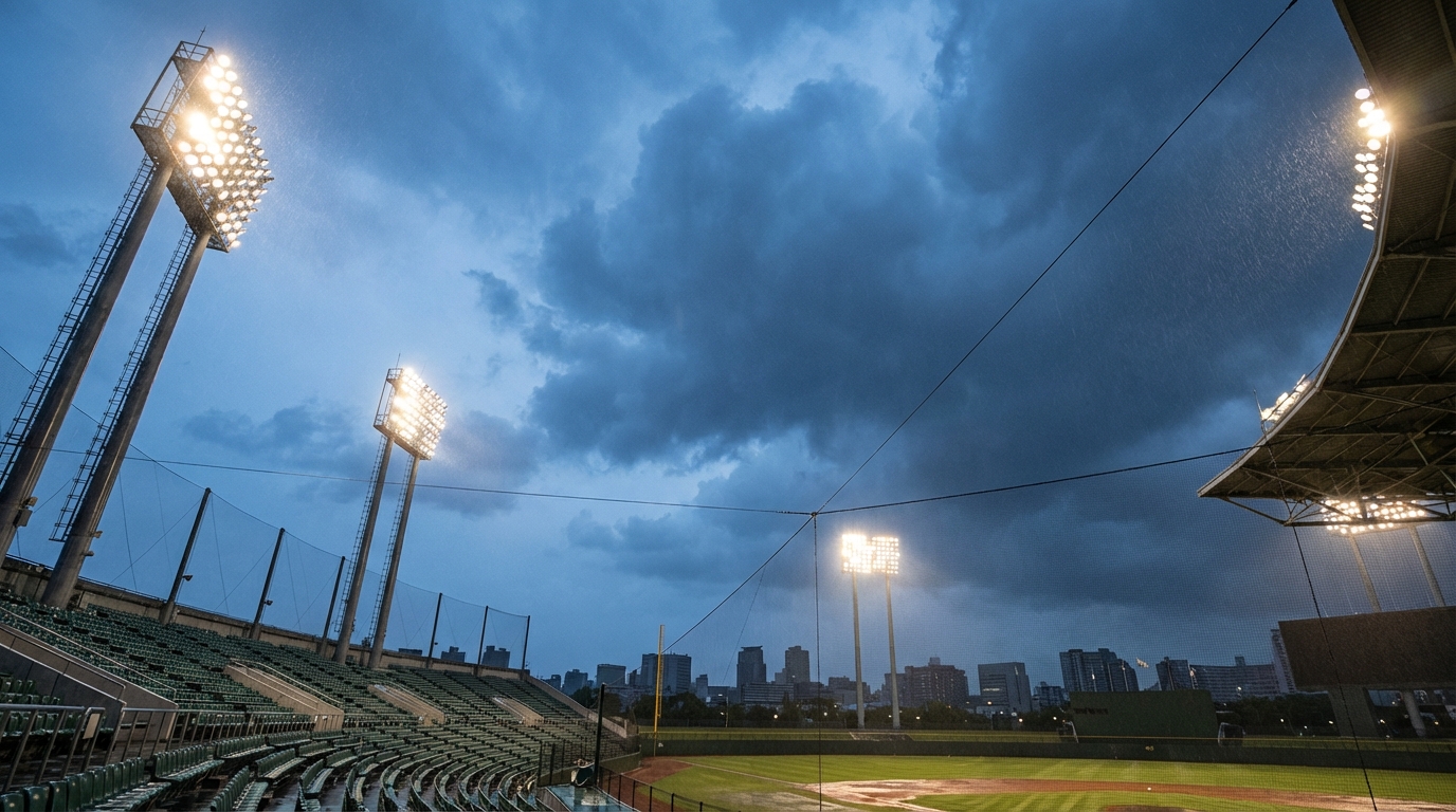 Rain falling on a city baseball stadium