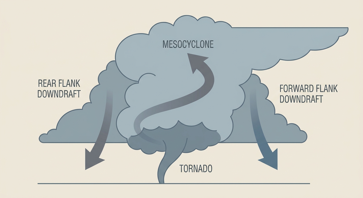 A cutaway diagram showing a rotating supercell thunderstorm with labeled mesocyclone, rear flank downdraft, and a developing tornado funnel beneath the updraft base