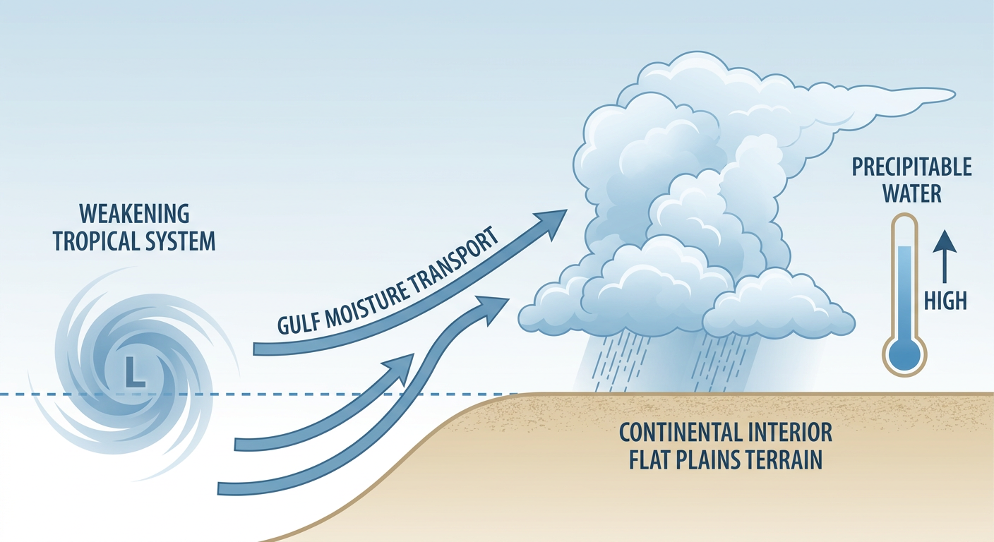 A cross-section diagram showing a weakening tropical cyclone's moisture plume lifting northward into a continental landmass, with labeled arrows for Gulf moisture transport, a precipitable water gauge icon, and a cutaway showing deep tropical moisture feeding thunderstorm clouds over flat terrain