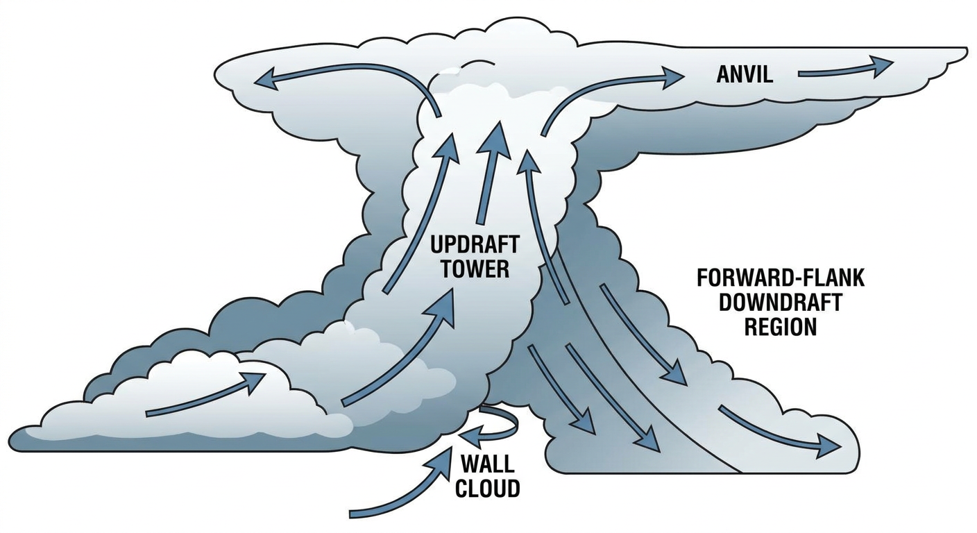 A cross-section schematic of a supercell thunderstorm labeled with the updraft tower, anvil, wall cloud, and forward-flank downdraft region, drawn in a clean technical diagram style with directional wind arrows and simple text labels, blue-gray and white color palette against a plain background