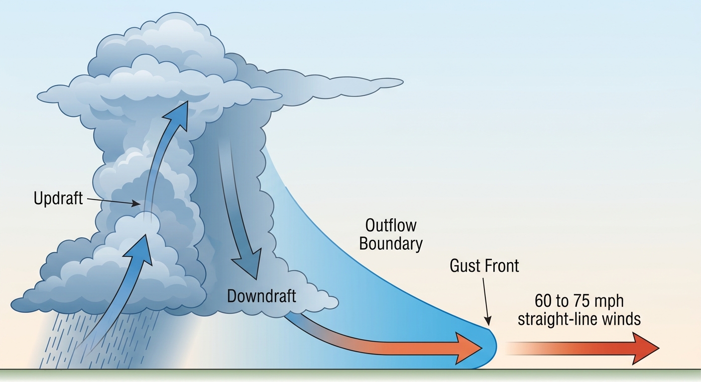 Cross-section diagram showing how a mesoscale convective system generates damaging straight-line winds, with labeled rain-cooled downdraft, spreading gust front, and a curved outflow boundary racing ahead of the storm cluster, annotated with wind-speed arrows