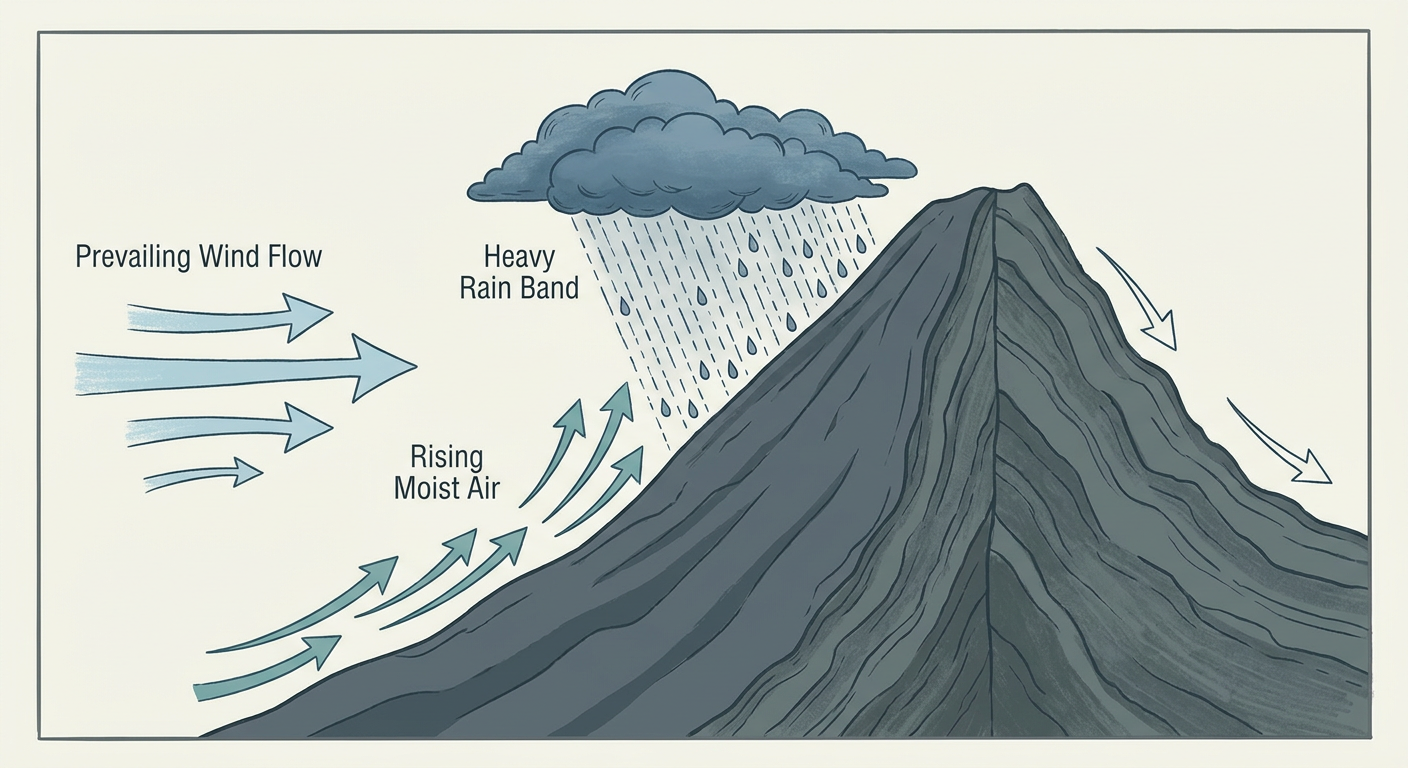 A cross-section diagram showing a hurricane's onshore wind flow lifting over volcanic island terrain, illustrating how mountains wring extra rainfall out of tropical moisture on the windward slopes, labeled with arrows for wind direction, orographic lift, and heavy rain bands