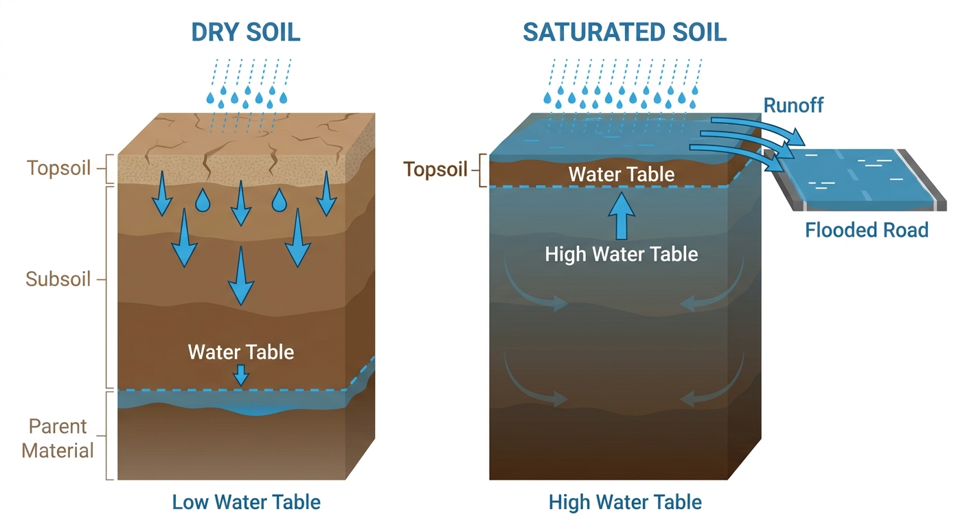 Cross-section diagram showing how saturated soil produces faster runoff than dry soil, with labeled layers of topsoil, a full water table, and arrows showing rainfall running off the surface into a flooded roadway