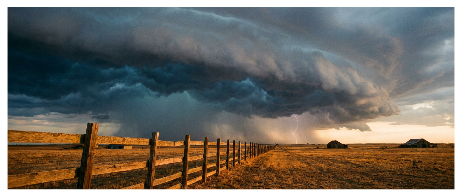 Shelf cloud advancing over flat West Texas farmland at golden hour, with a weathered wooden fence line in the foreground, warm amber light contrasting against a dark blue-gray cloud base, wide low-angle shot