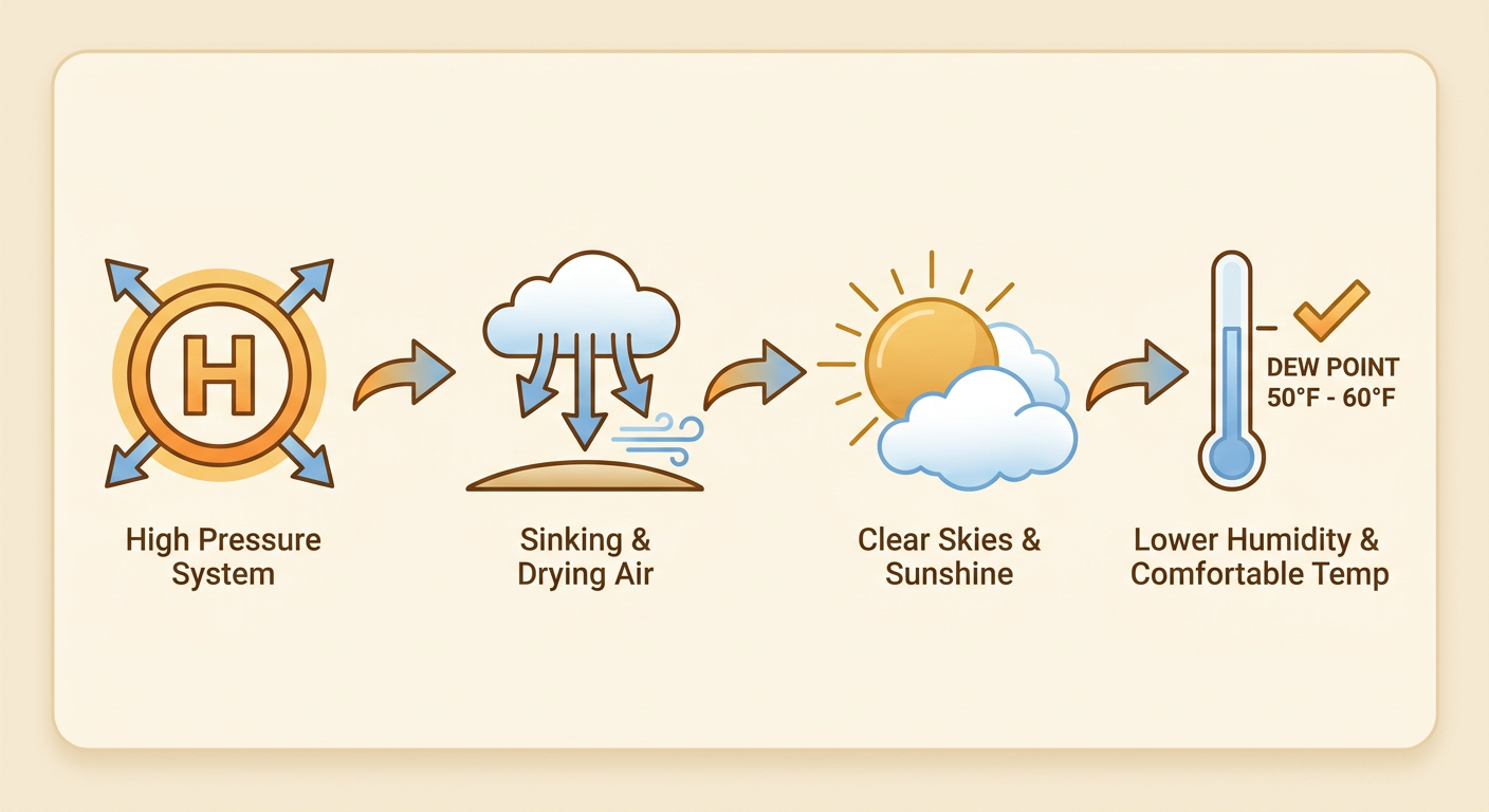 Simple flow-chart style infographic showing how a ridge of high pressure builds dry, clear, comfortable weather, with icons for high pressure, sinking air, clear skies, and dry dewpoints connected by arrows