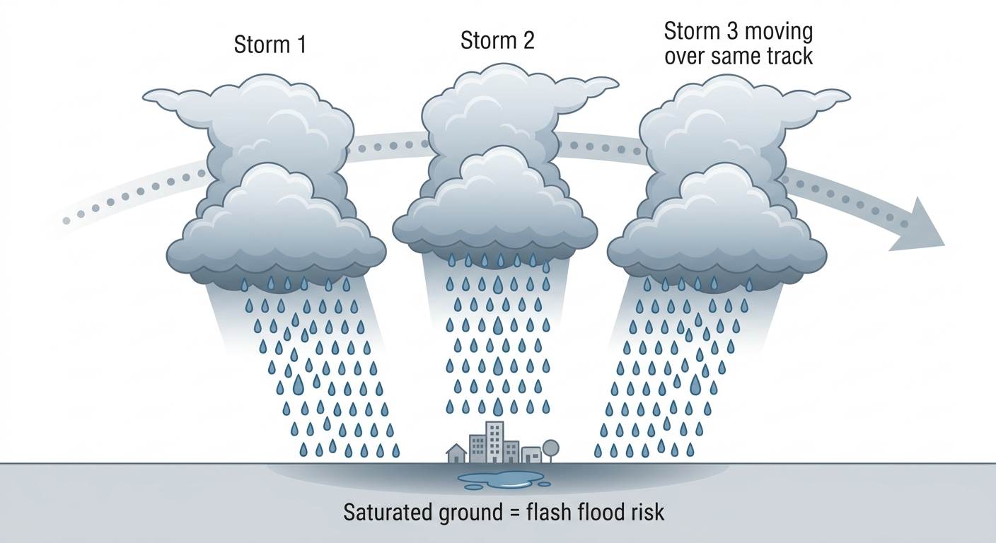 Diagram showing three thunderstorm cells lined up and moving along the same track, illustrating how repeated storms over one location cause training rainfall and urban flooding