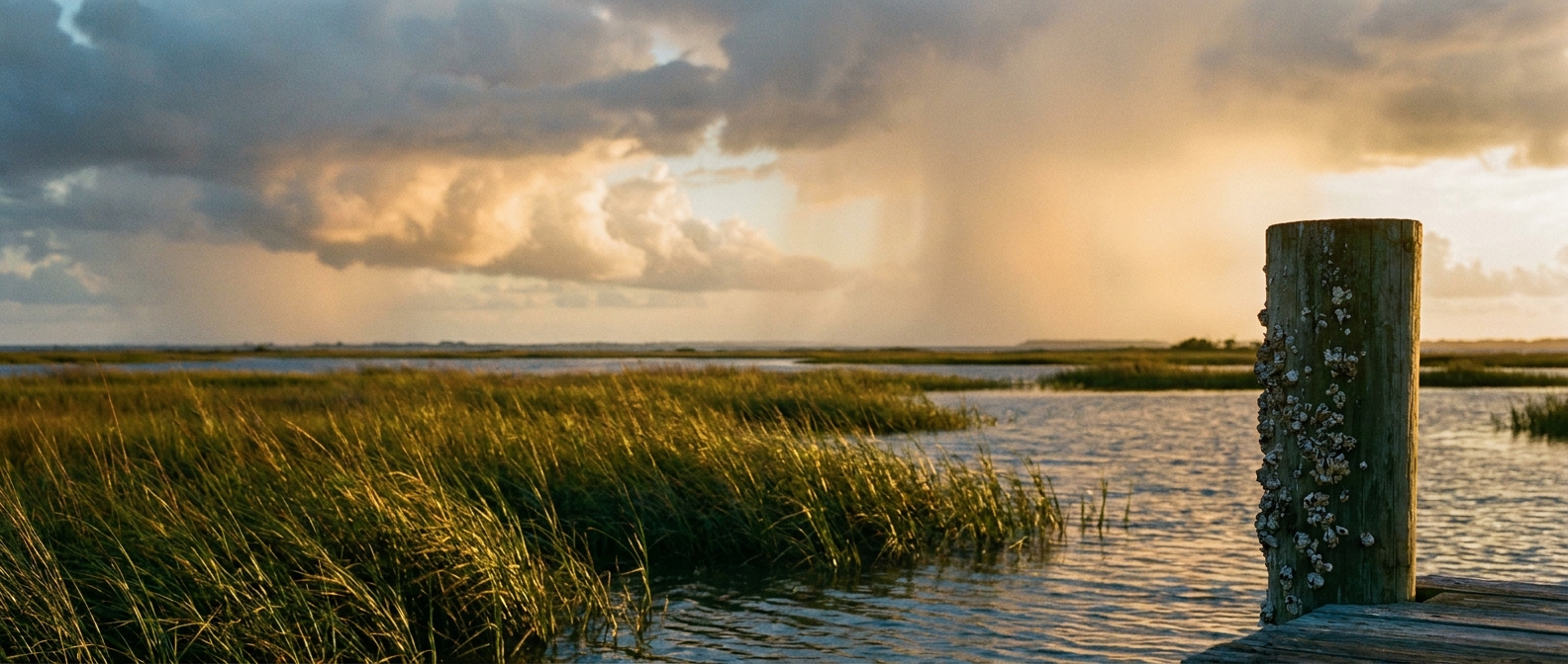 A weakening tropical storm's outer rain bands stretch across a humid coastal plain landscape, gray-green marsh grass in the foreground, distant thunderheads glowing amber in late afternoon light, wide low-angle view emphasizing the stacked layers of cloud reaching toward the horizon