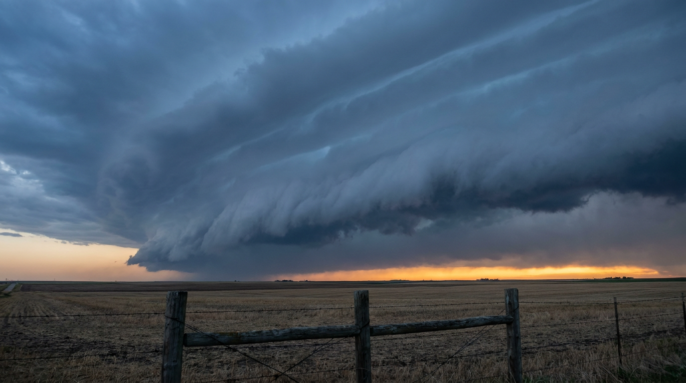 Shelf cloud advancing over Great Lakes farmland at dusk, cool blue-gray sky with a thin amber rim of fading light along the horizon, wooden fence line in the foreground, wide establishing shot