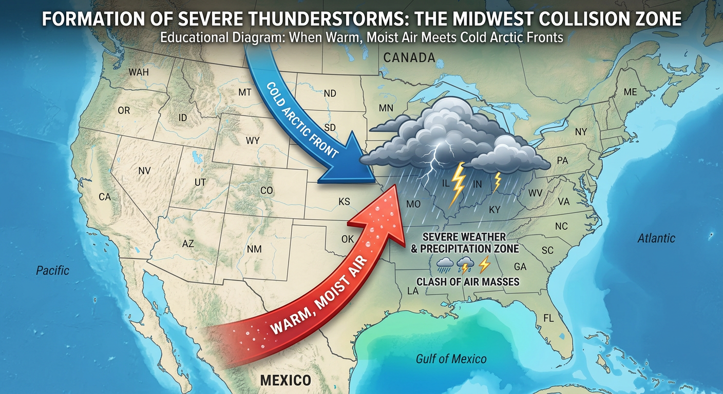 Diagram showing warm Gulf air colliding with a cold northern front over the Midwest