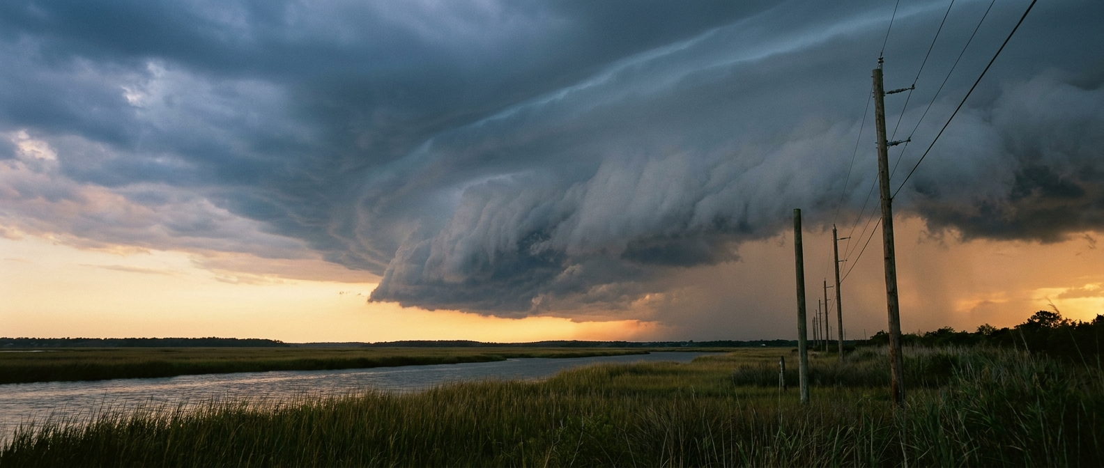 A shelf cloud advances over a marshy river landscape at dusk, warm amber light fading behind darkening blue-gray clouds, wide-angle view with tall marsh grass and power lines in the foreground