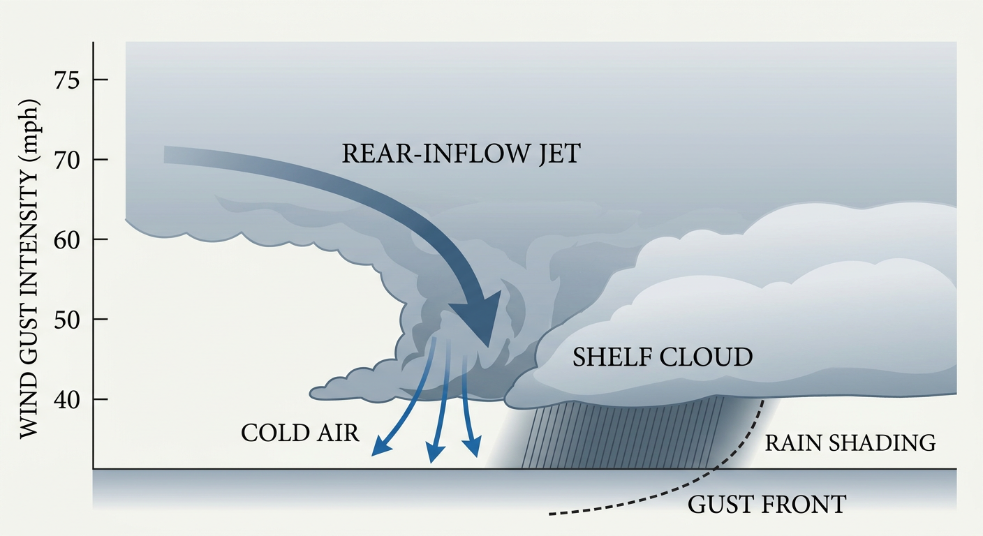 Cross-section diagram of a bowing thunderstorm line showing a rear-inflow jet driving strong winds down to the surface, with labeled arrows for the descending cold air, gust front, and shelf cloud, plus a wind-speed scale on the side