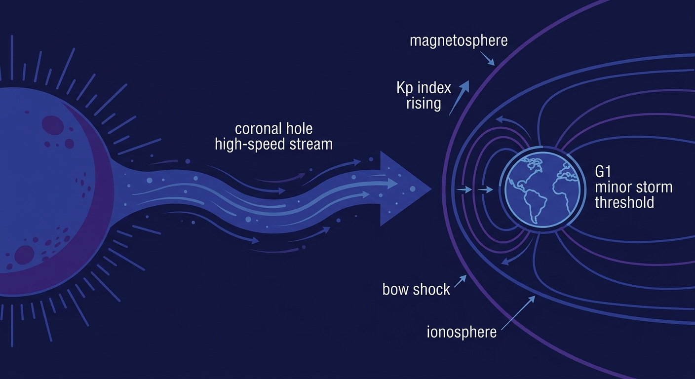 Simple diagram illustrating the solar wind stream reaching Earth's magnetic field, showing the sun on one side, a wavy arrow labeled "solar wind / coronal hole stream" traveling toward a schematic Earth with field lines compressing on the sunward side, labeled with terms like "Kp index" and "G1 minor storm threshold"