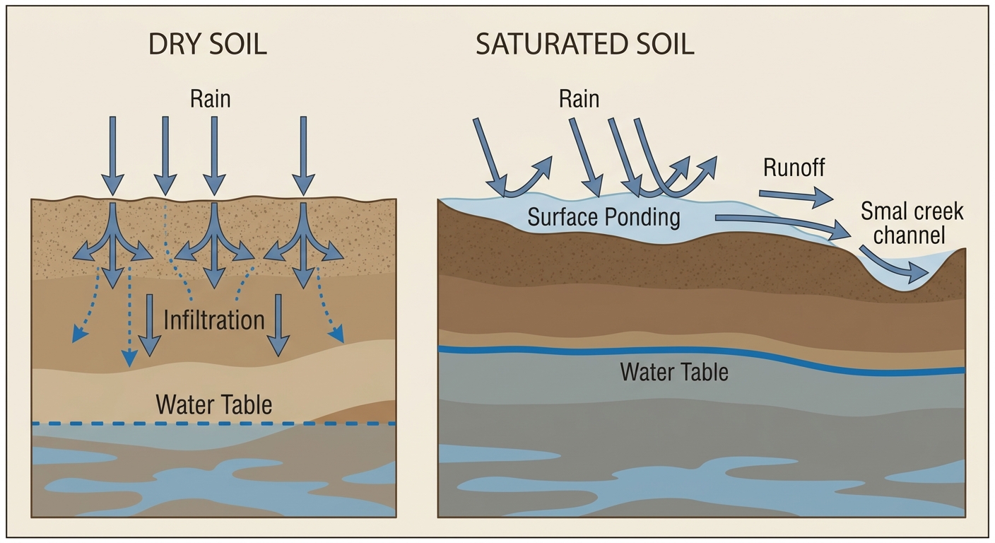 Cross-section diagram showing how saturated soil forces rainfall to run off instead of absorbing, with labeled layers for dry soil versus waterlogged soil and arrows showing water pooling on the surface