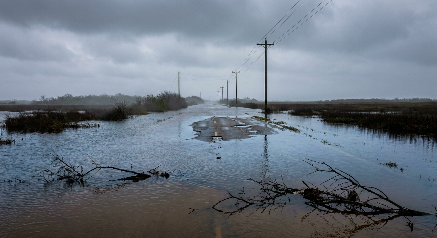 A flooded rural highway with deep standing water reflecting gray skies