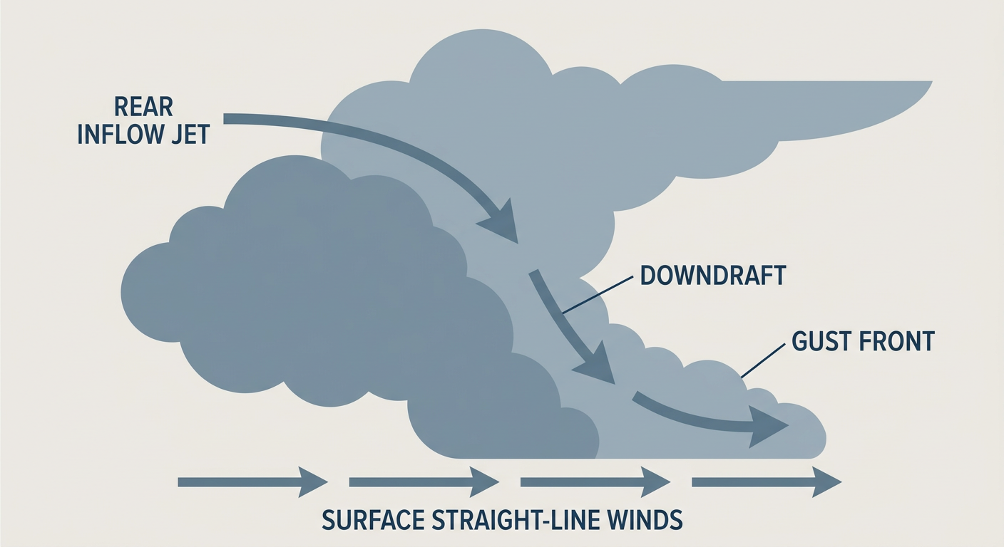 Cross-section diagram of a bowing thunderstorm line showing the rear inflow jet descending toward the surface and fanning out into damaging straight-line winds, clean explainer style with labeled arrows for updraft, downdraft, and gust front, no geography or map elements, muted blue and gray color scheme on a plain background