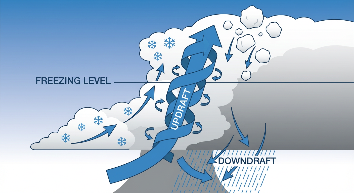 Diagram of a supercell thunderstorm updraft